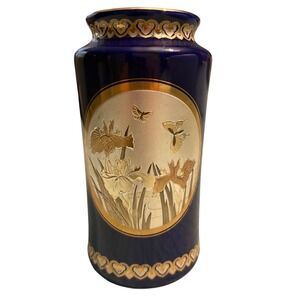 Chokin Art Vase Cobalt Blue Gold Silver Gilded Iris Butterfly Japanese Decor